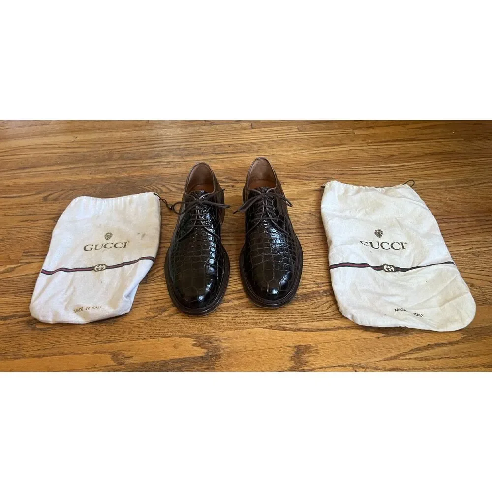 Vintage GUCCI Brown Alligator Leather Lace Up Shoes   Mens Size EU 42.5 US 9.5